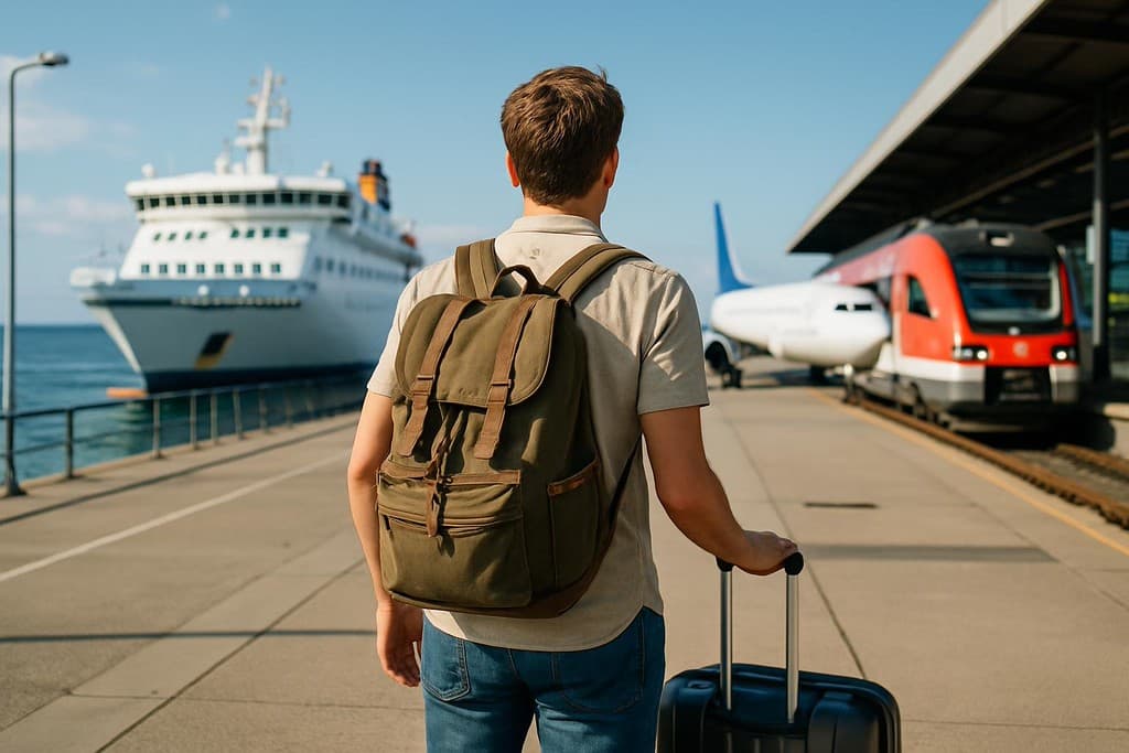 Ferry vs flight vs train - how to choose cover image — travel photography scene.