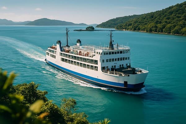 Passenger ferry crossing turquoise tropical water in southern Thailand with green island coastline in the distance